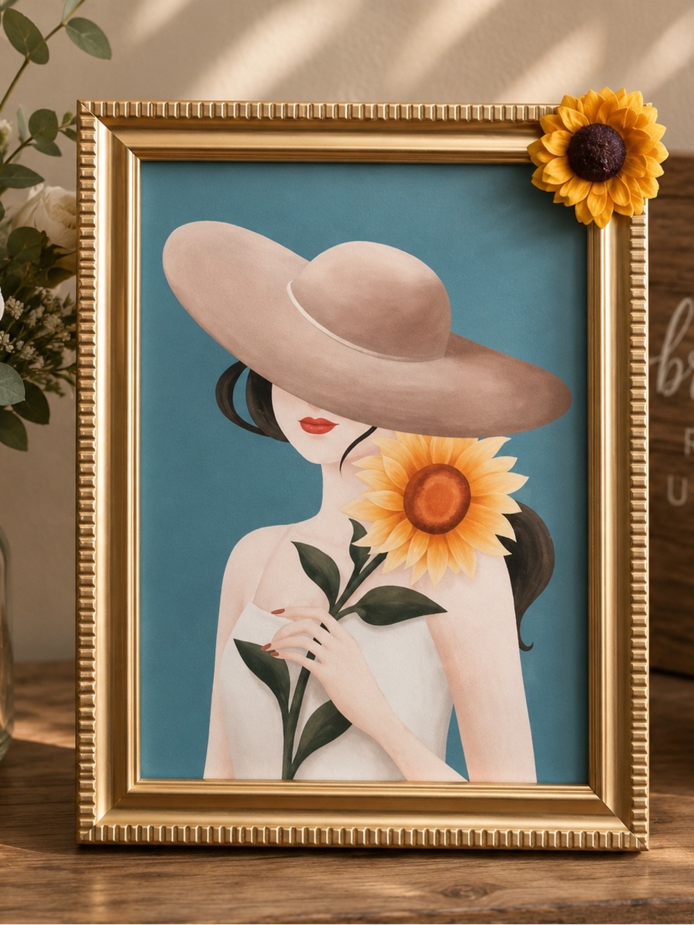 New Beautiful Woman Canvas Print in Gold Frame with Sunflower Accent (Version 3)